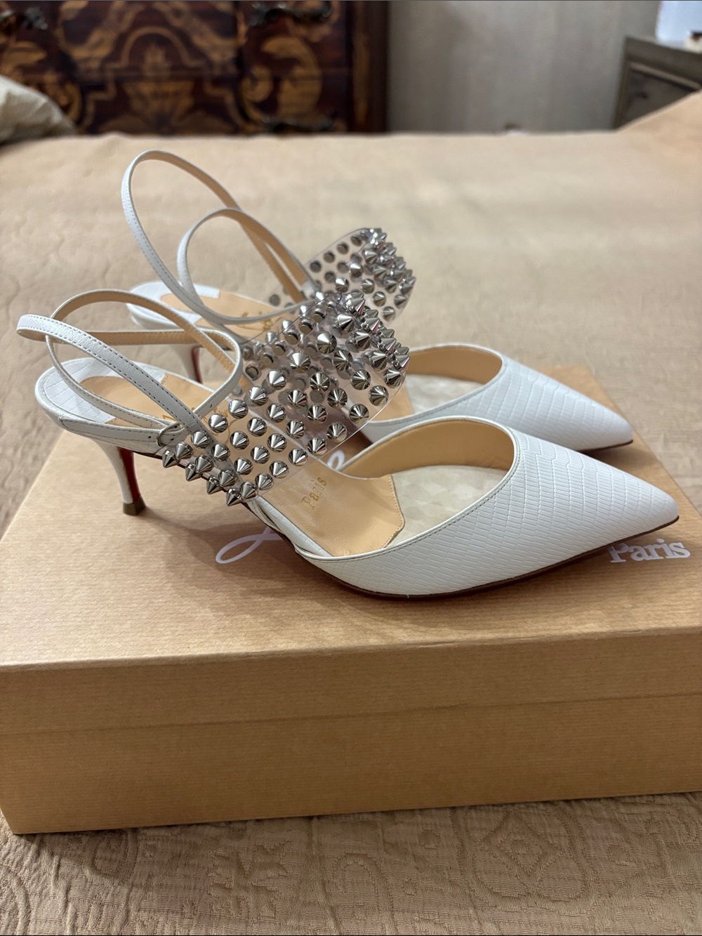 Authentic Christian Louboutin White Pointed Studded Slingback Pumps